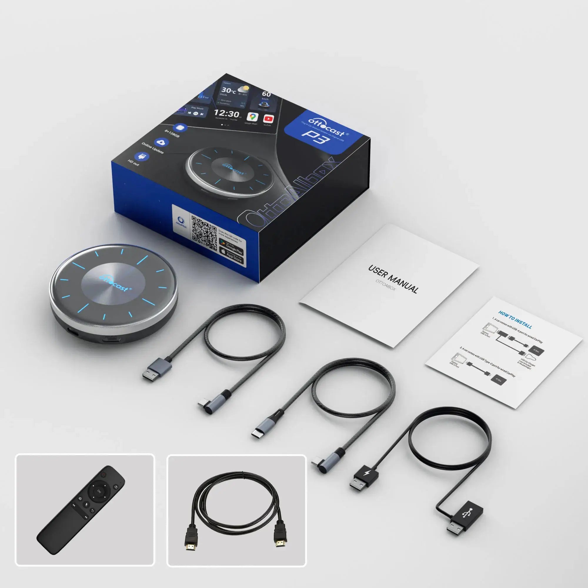 OTTOCAST P3 carPlay/Android Auto AI box by Simples Market; blue-lit circular hub with cables and remote