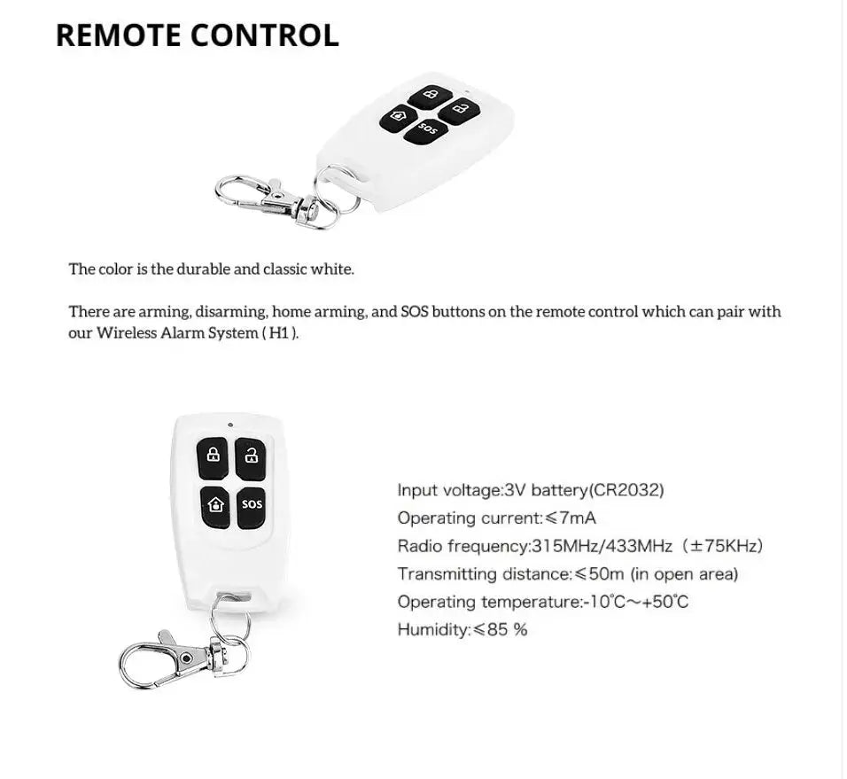 Simples Market Tuya Smart wireless security alarm kit; two white remotes (key fob and remote) with SOS and lock buttons