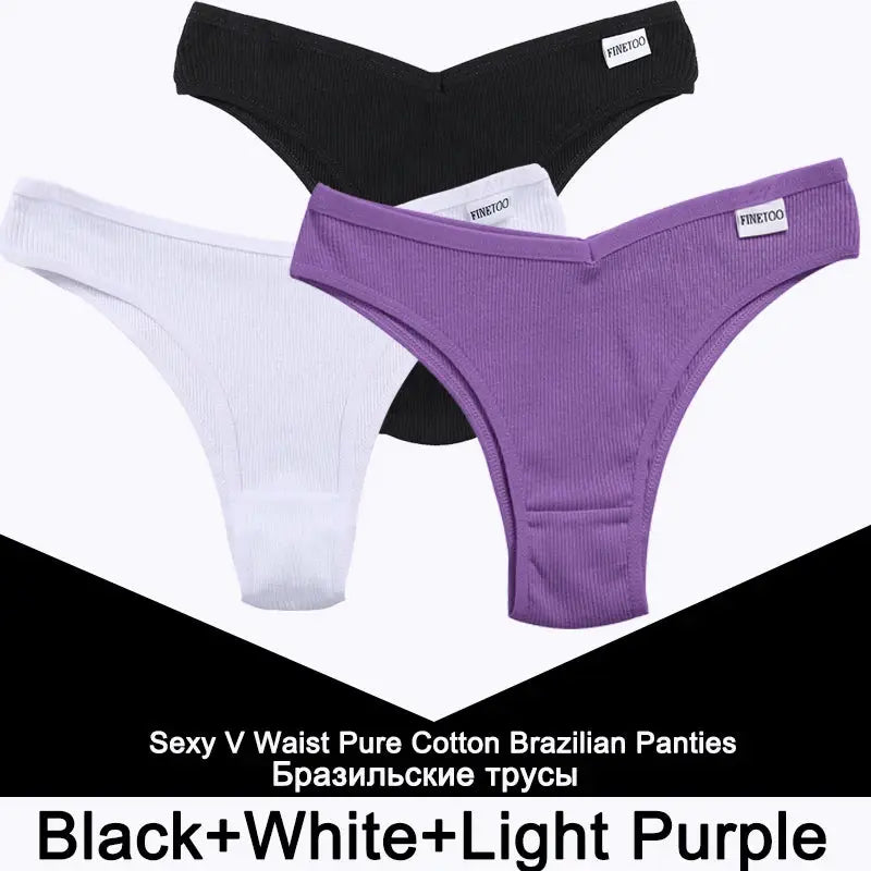 Three-piece ribbed cotton thong underwear set for women by FINETOO in black, white, and light purple