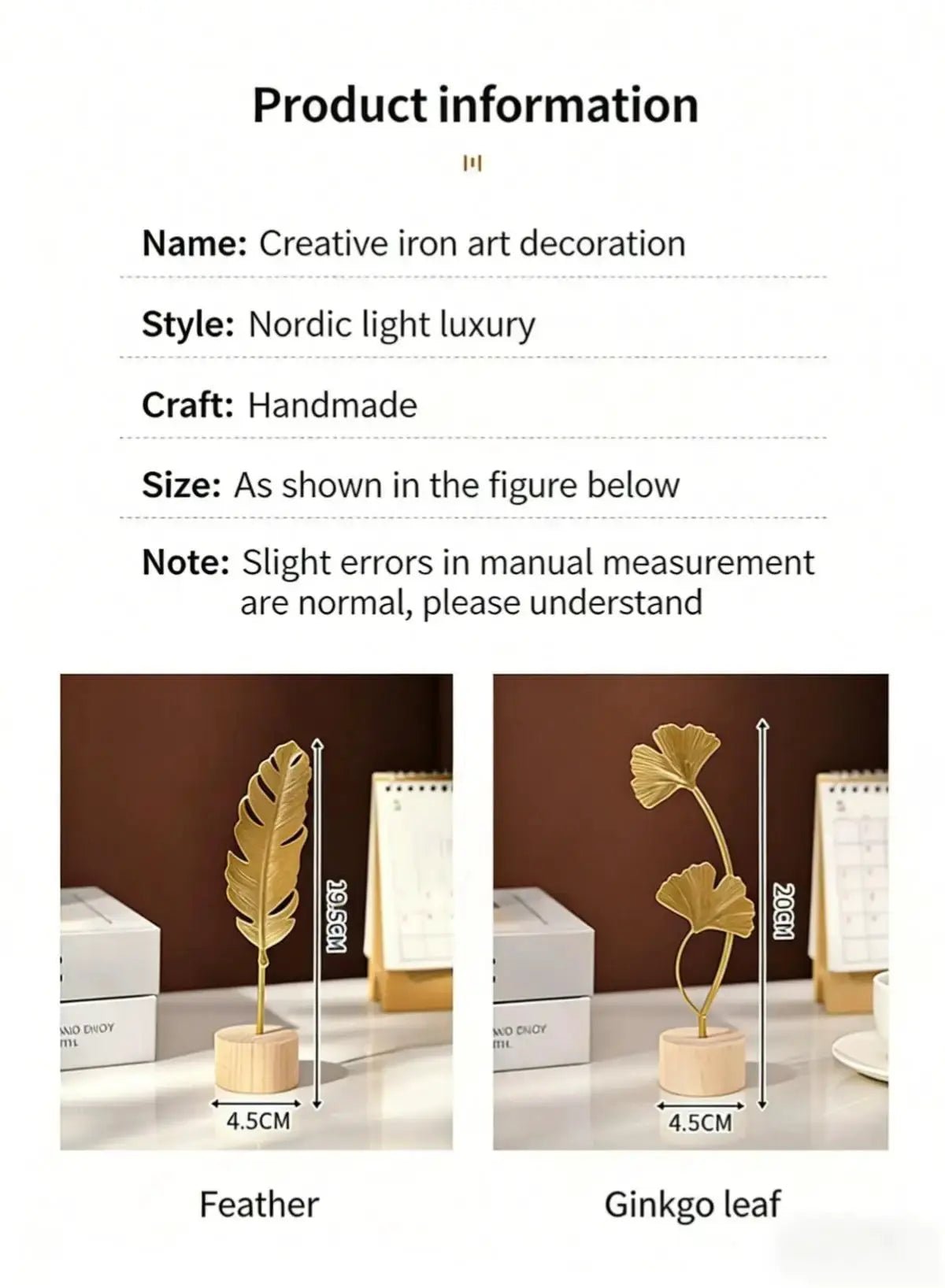 Nordic Style Iron Ginkgo Leaf Ornament 1 Piece Luxury Metal Home Decor for Living Room Foyer and Wine Cabinet - Simples Market