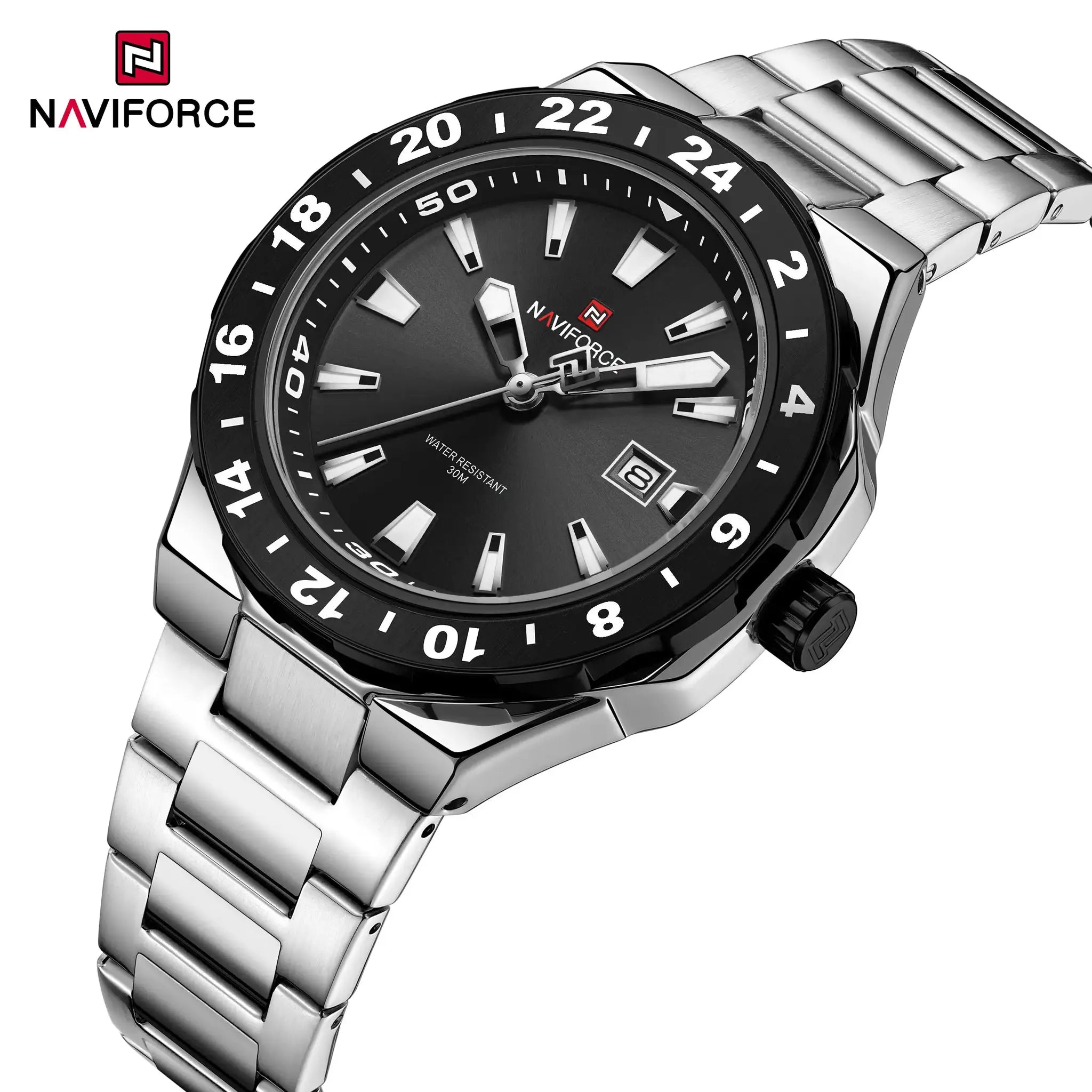 NAVIFORCE stainless steel men's luxury sport watch with black bezel, date window, luminous dial