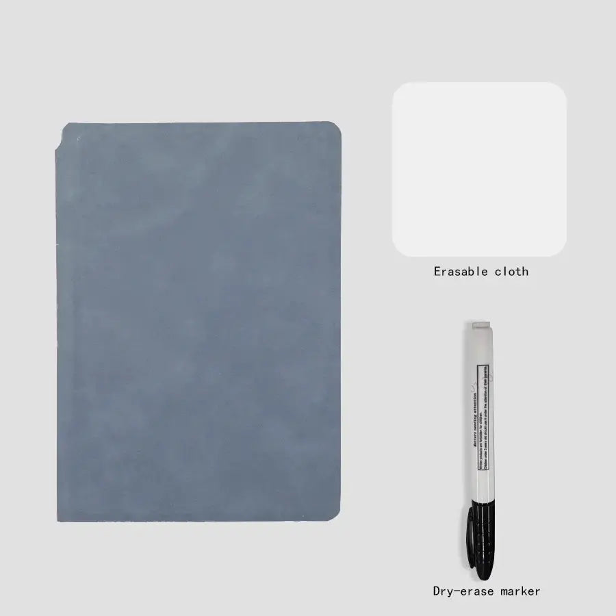 A5 portable reusable whiteboard notebook set by Simples Market in blue leather with erasing cloth and dry-erase marker.