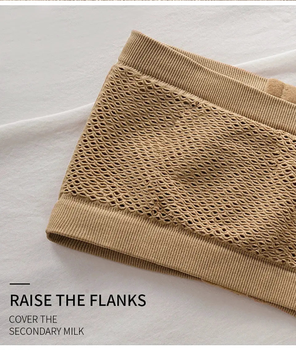 Beige mesh-knit strapless bandeau bra with ribbed elastic edges