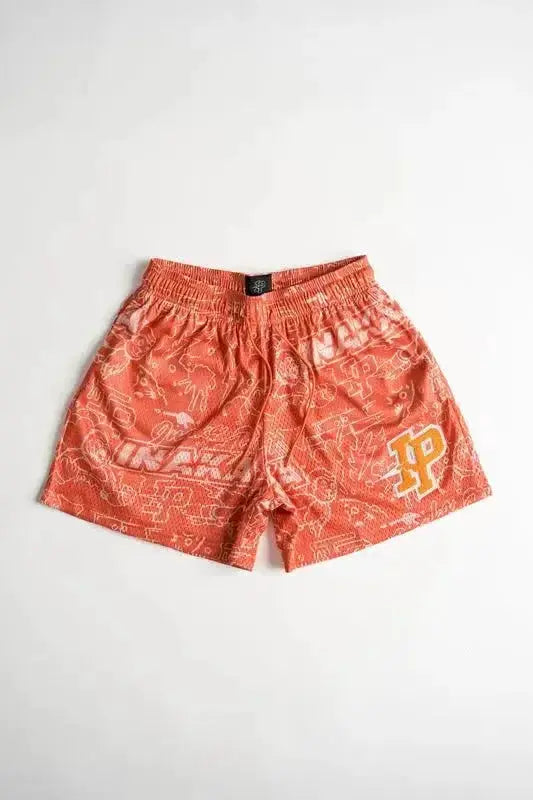 Men's IP Trend casual shorts, orange mesh quick-dry athletic shorts with graphic print and yellow logo on the right leg
