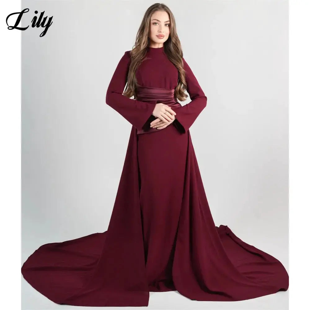 Lily Burgundy Satin Mermaid Prom Dress With High Neck Sleeves Dubai