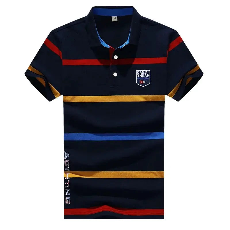 Simples Market men's short-sleeve striped polo shirt in navy with red, gold and blue bands.
