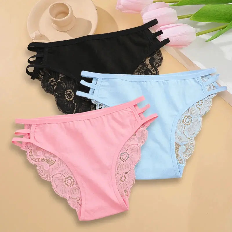 3pc set of women's lace panties in black, blue and pink with floral lace trim