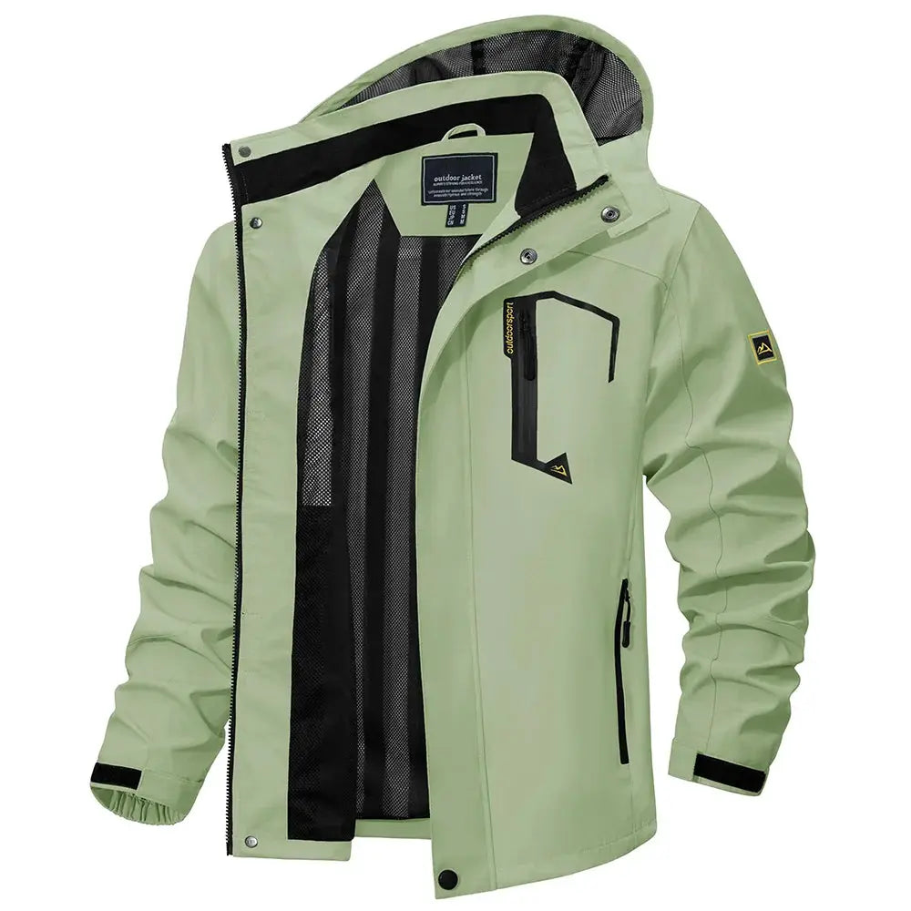 TACVASEN men's light green mesh-lined waterproof rain jacket with hood and zip pockets