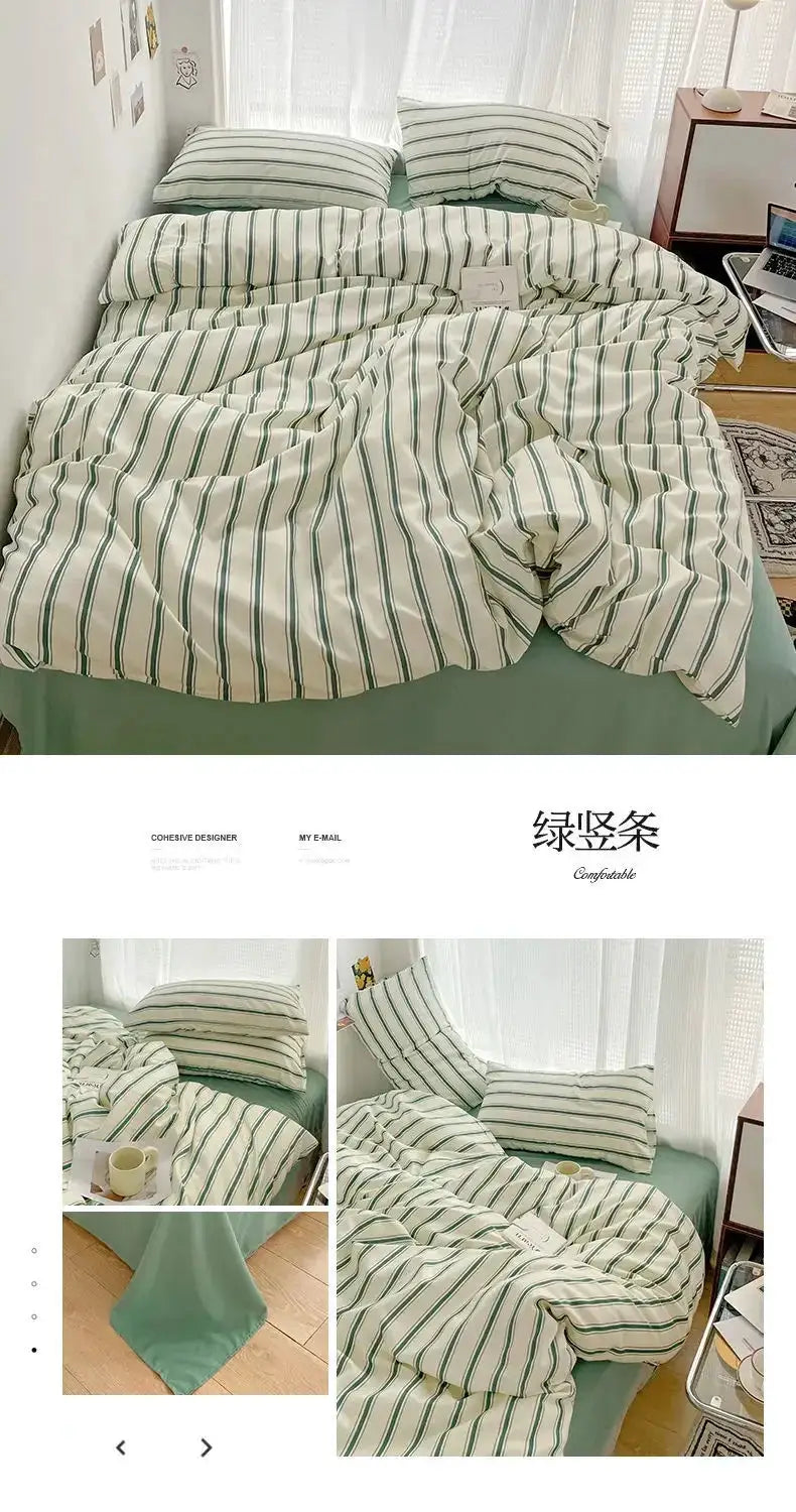Simples Market striped duvet cover and four-piece washed cotton sheet set in white with green and blue stripes on bed