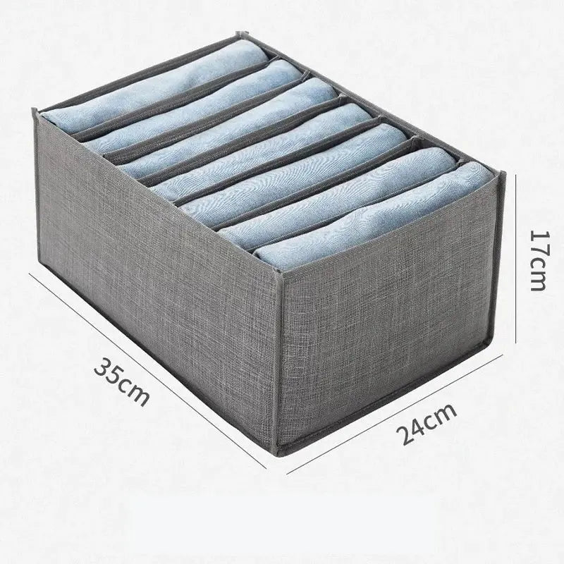 Clothes organizer box in grey fabric with multiple compartments, 35x24x17 cm