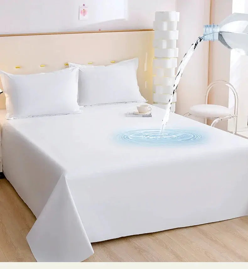 TPU waterproof bed flat sheet mattress cover on white bed with water pouring and ripple