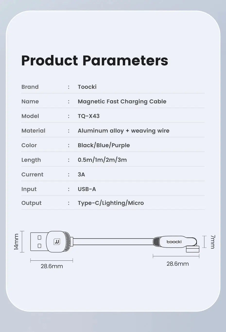 Toocki magnetic fast charging cable by Simples Market, aluminum alloy + woven wire; Black/Blue/Purple Type-C/Lightning