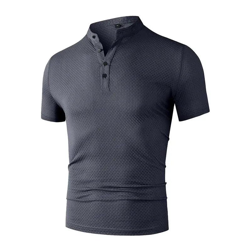 Men's polo shirt, Simples Market, dark navy textured short-sleeve with 3-button placket