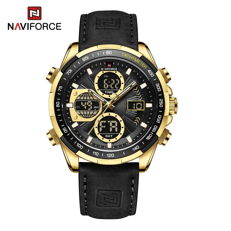 Naviforce sport watch for men with gold-tone case and black leather strap