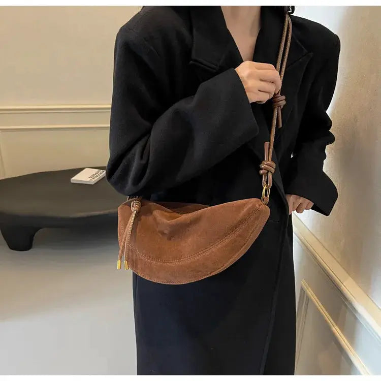 Simples Market faux suede shoulder bag in brown, dumpling-style crossbody with adjustable strap