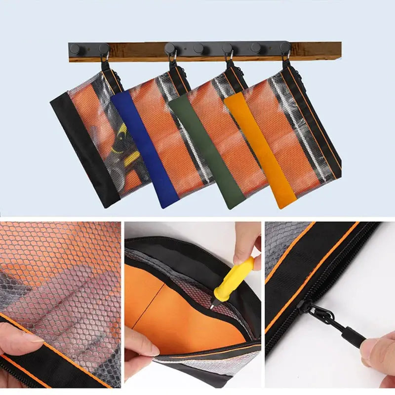 Transparent PVC waterproof five-pack organizer pouches by Simples Market with mesh panels and zippers