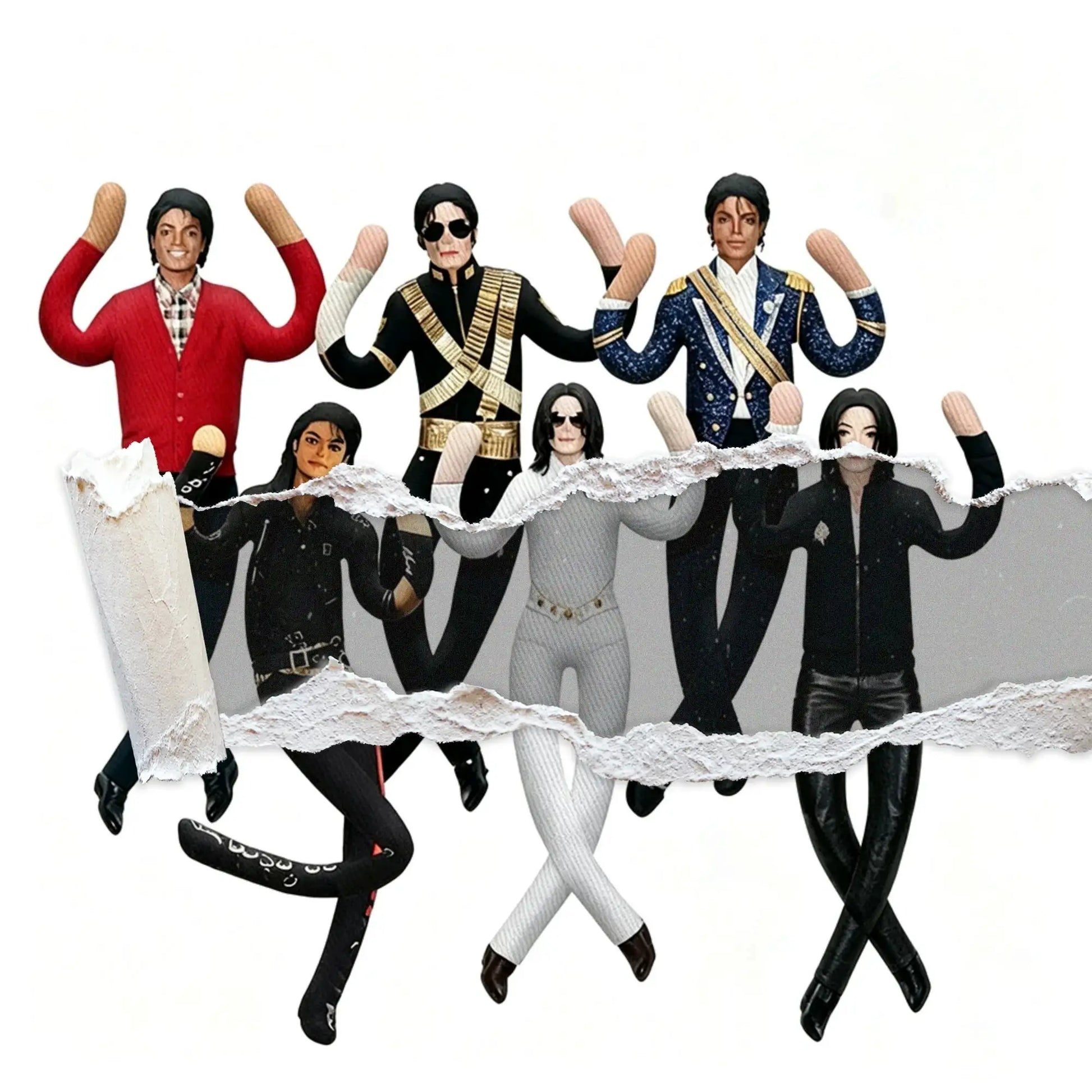 Michael Jackson cosplay plush figures with articulated arms in red, black, white and blue outfits