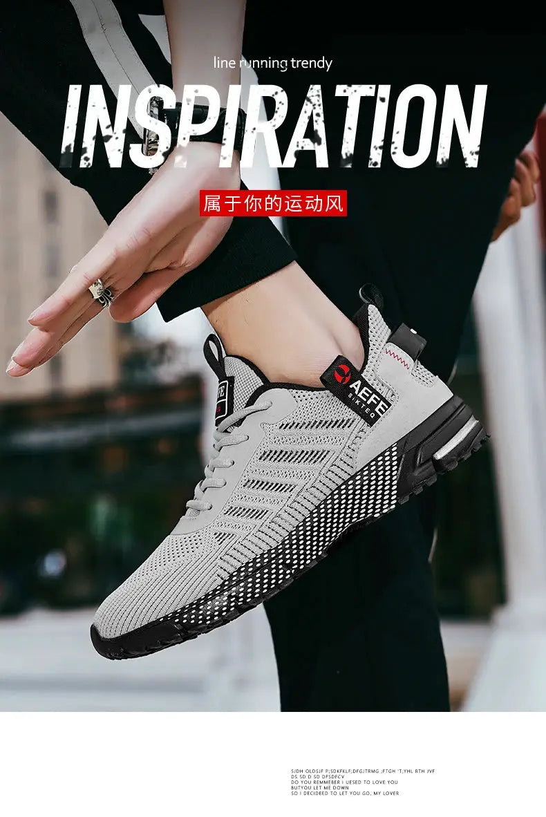Men's running shoes AIFE, breathable gray mesh with a black speckled sole