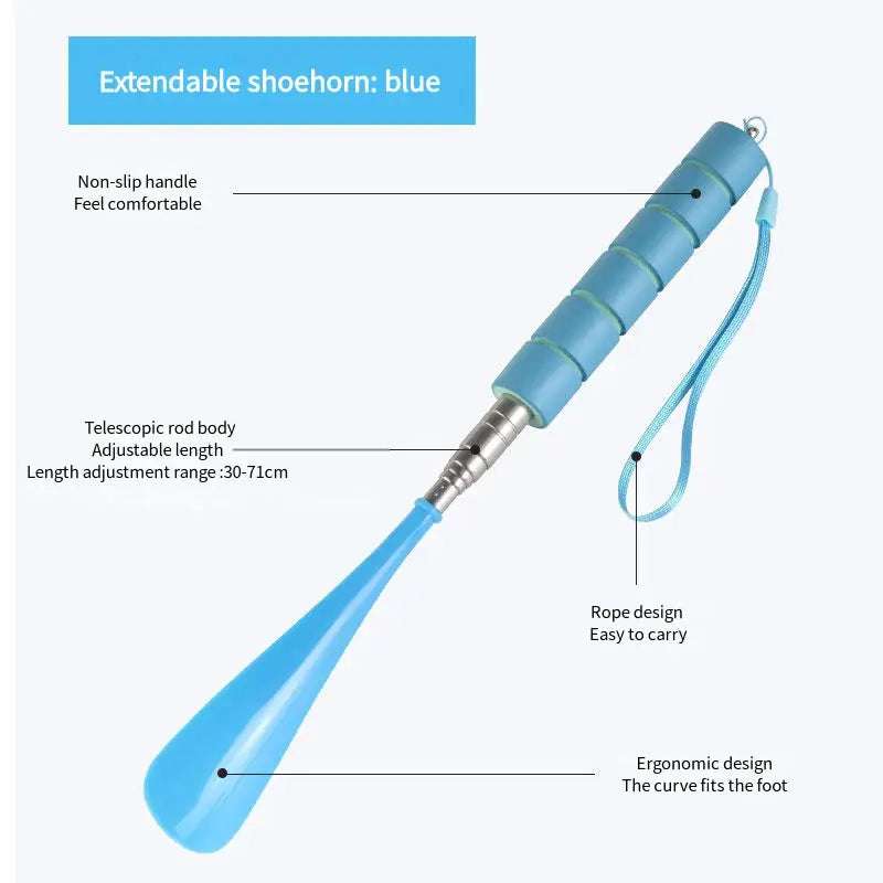 Stretchable blue shoehorn with telescopic 30–71 cm length, ergonomic curved spoon and wrist strap, 1-piece