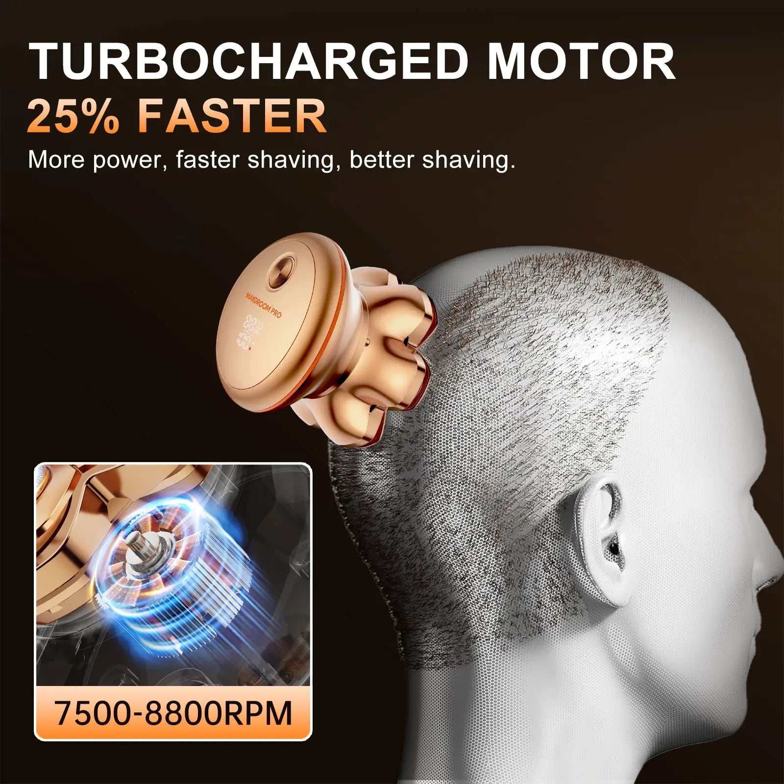 MAXGROOM Head Shaver PRO for bald men by Simples Market, copper-gold cordless waterproof razor with floating blade.