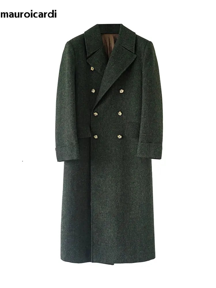 Mauroicardi men's green wool-blend double-breasted long coat with gold buttons