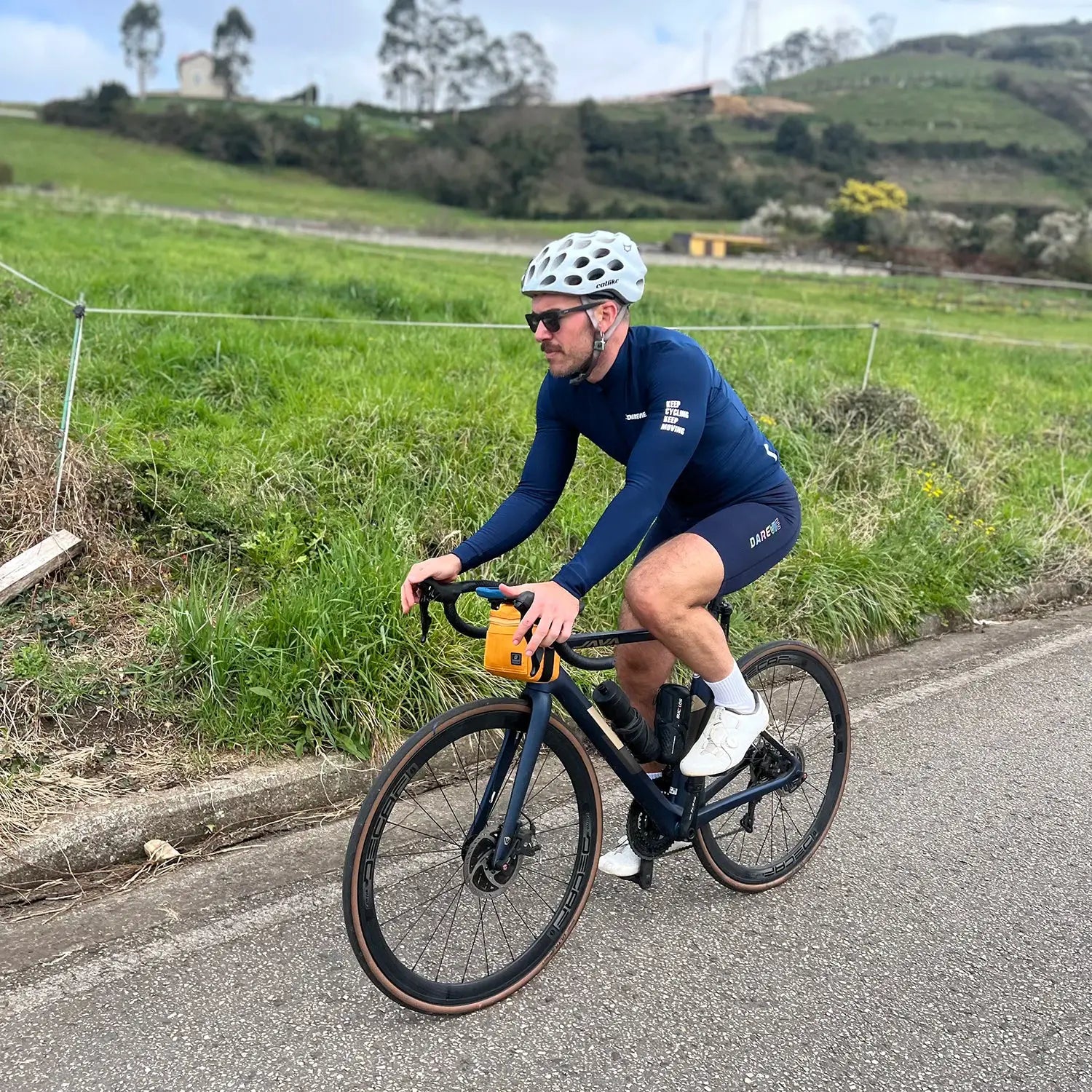DAREVIE cycling jersey, navy blue winter thermal fleece, men's long-sleeve