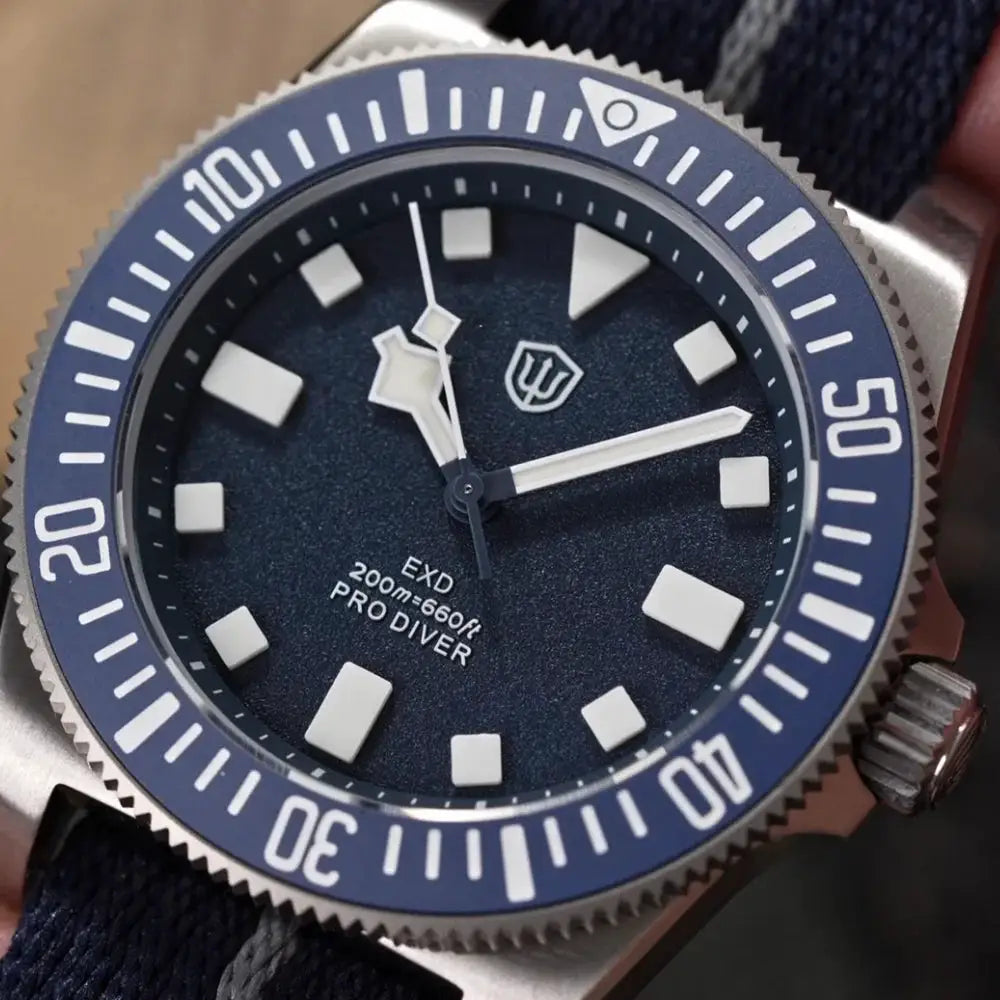 Watchdives EXD 40mm dive watch with blue bezel, 200m water resistant, navy fabric strap
