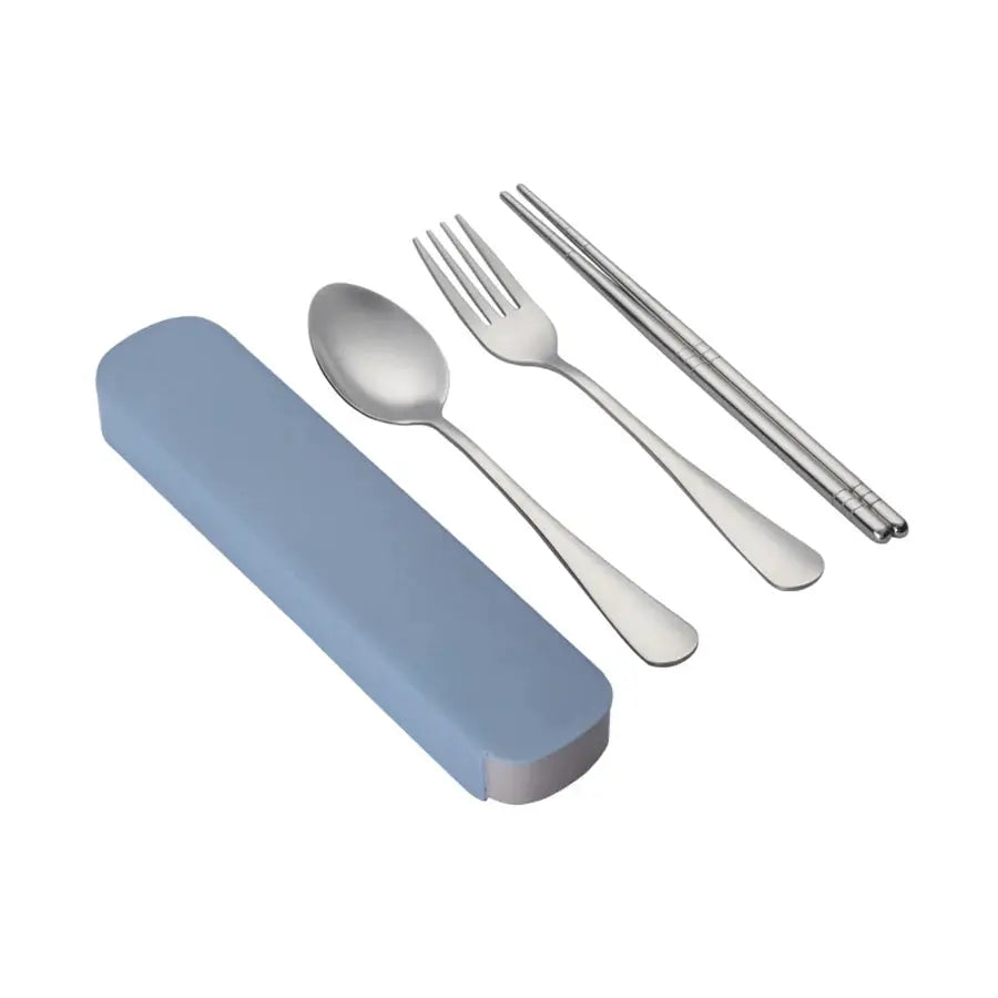 3-piece stainless steel Korean cutlery set with blue pull-out travel case: spoon, fork, chopsticks