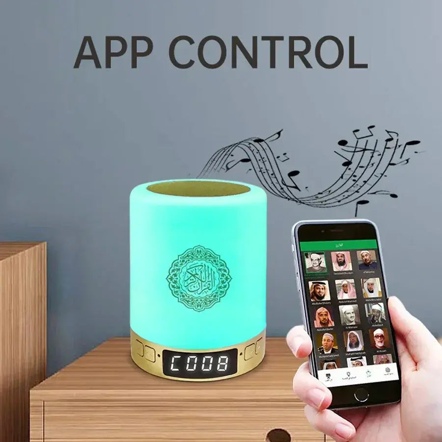Portable LED night light with Bluetooth speaker by Simples Market; teal cylinder, gold base, app control
