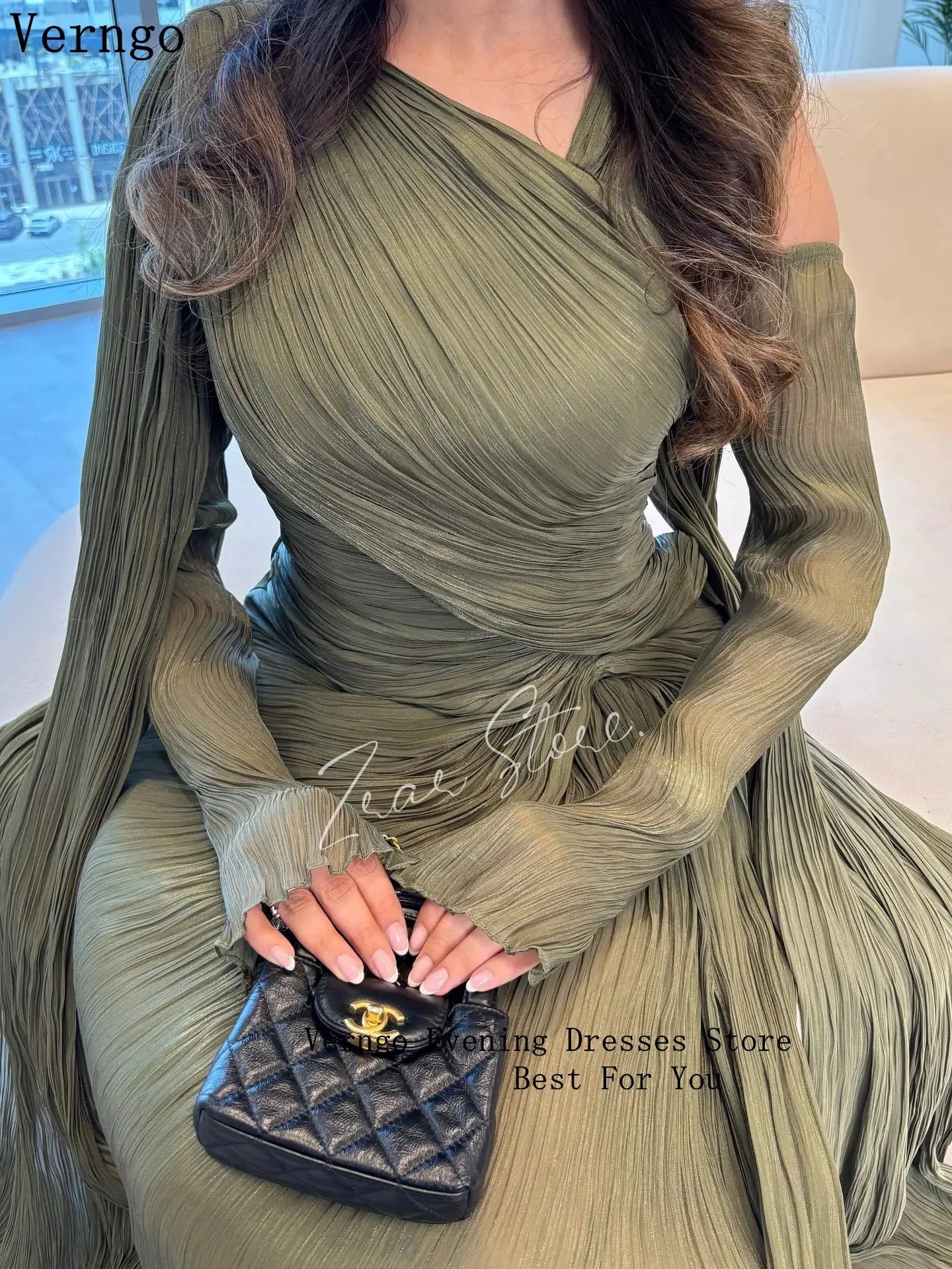 Verngo Green Shiny Formal Evening Dress O Neck Sleeves Prom Gown