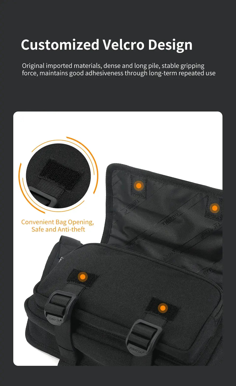Tigernu men's black outdoor chest bag; sling/waist style with Velcro opening and dual buckle straps.