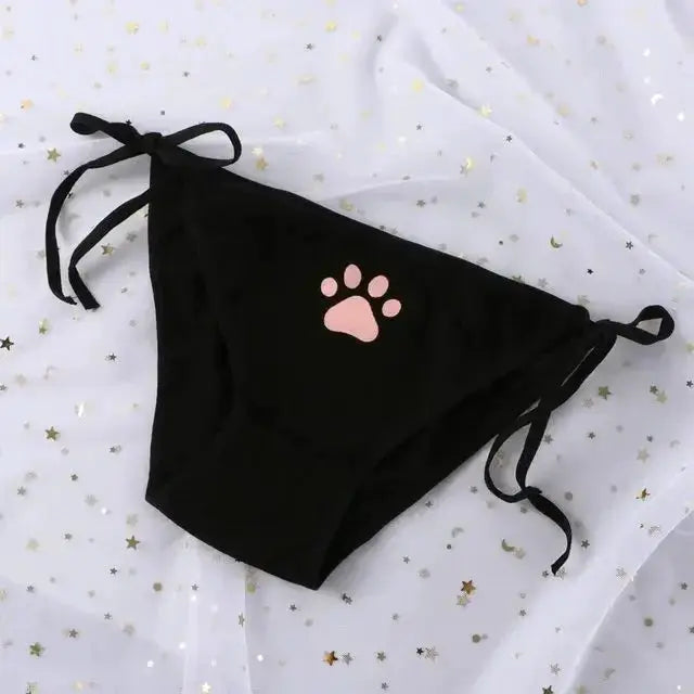 Black panties with pink paw-print design and side-tie straps, low-rise women's lingerie