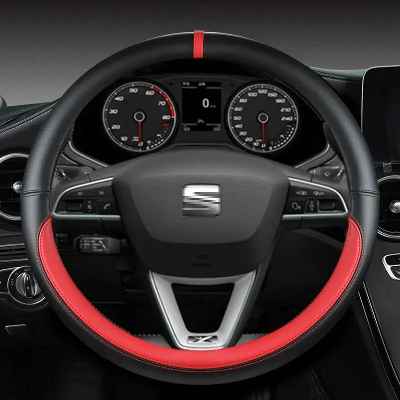 Steering wheel cover by Simples Market, microfiber leather, black with red trim, 38cm, for Seat models