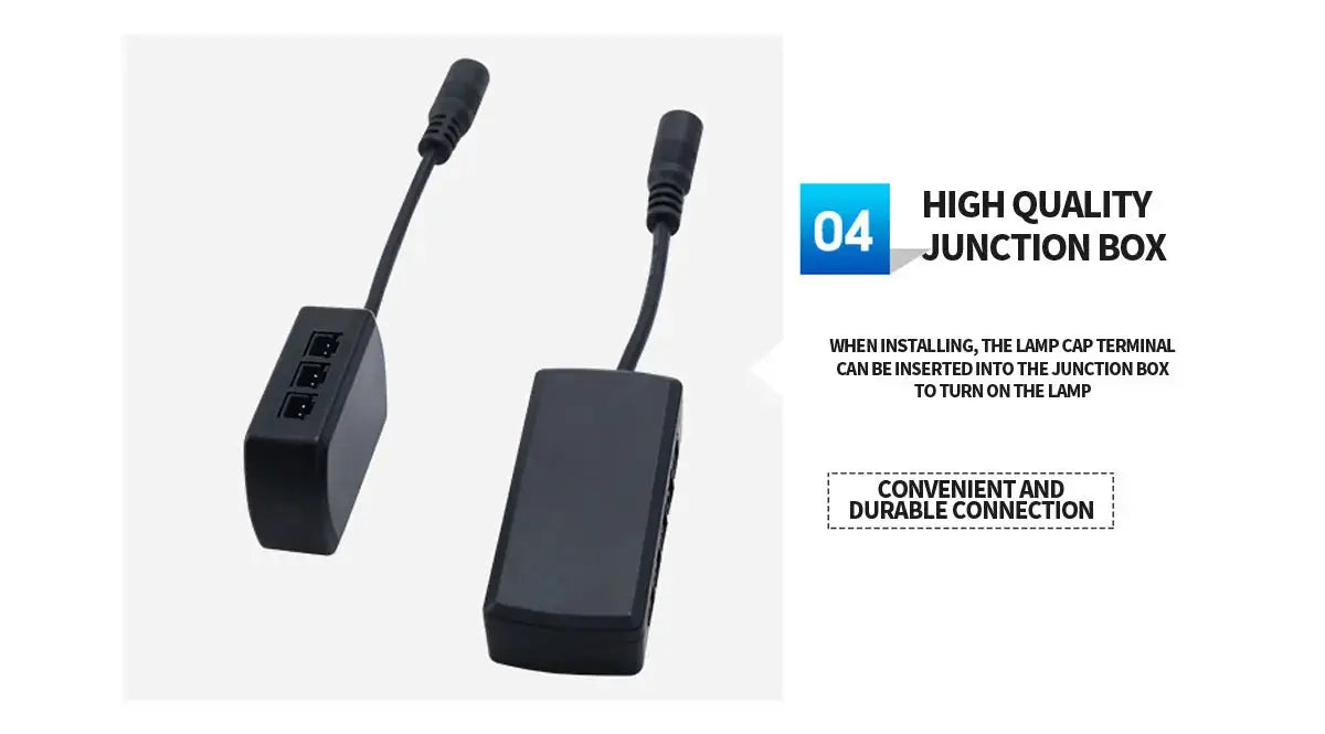 Simples Market dimmable USB 5V LED cabinet light kit; two black junction boxes with flexible cables.