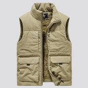 Men's Simples Market khaki fleece-lined winter vest with multiple pockets