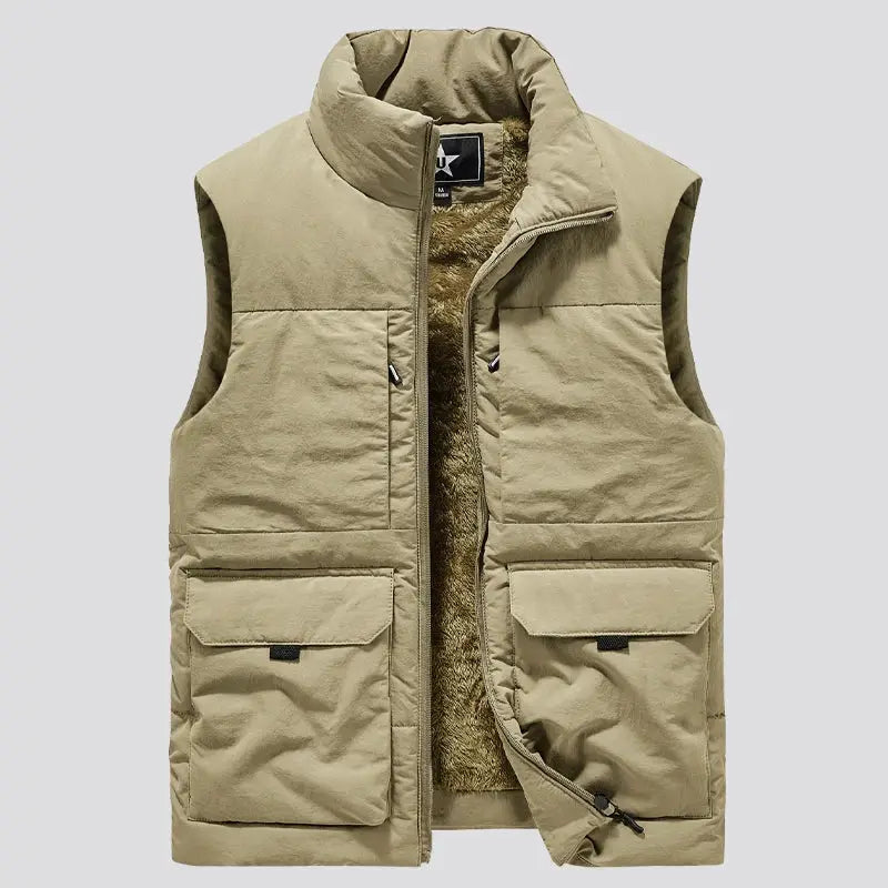 Men's Simples Market khaki fleece-lined winter vest with multiple pockets