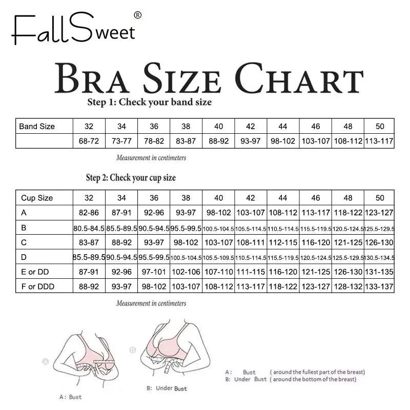 Bra Size Chart by FallSweet logo with band and cup size tables and bust measurements.
