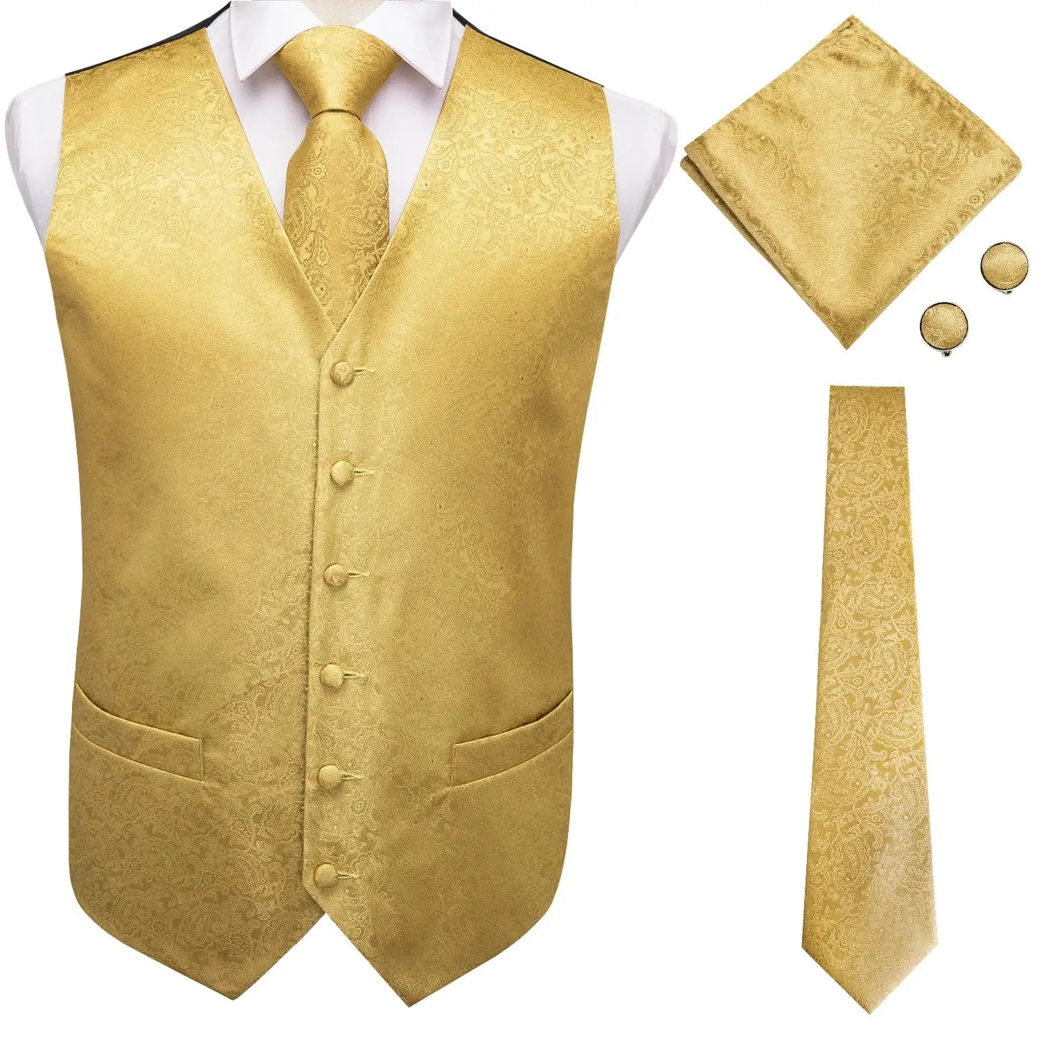Gold paisley waistcoat vest set with tie, pocket square and cufflinks by Simples Market