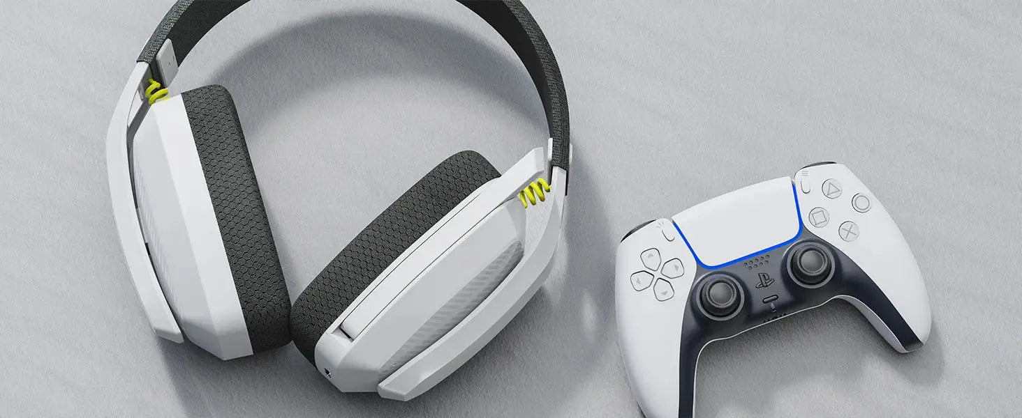 BINNUNE BW06 wireless gaming headset with mic, white, 2.4GHz; PS5/PS4/PC compatible, PlayStation controller shown