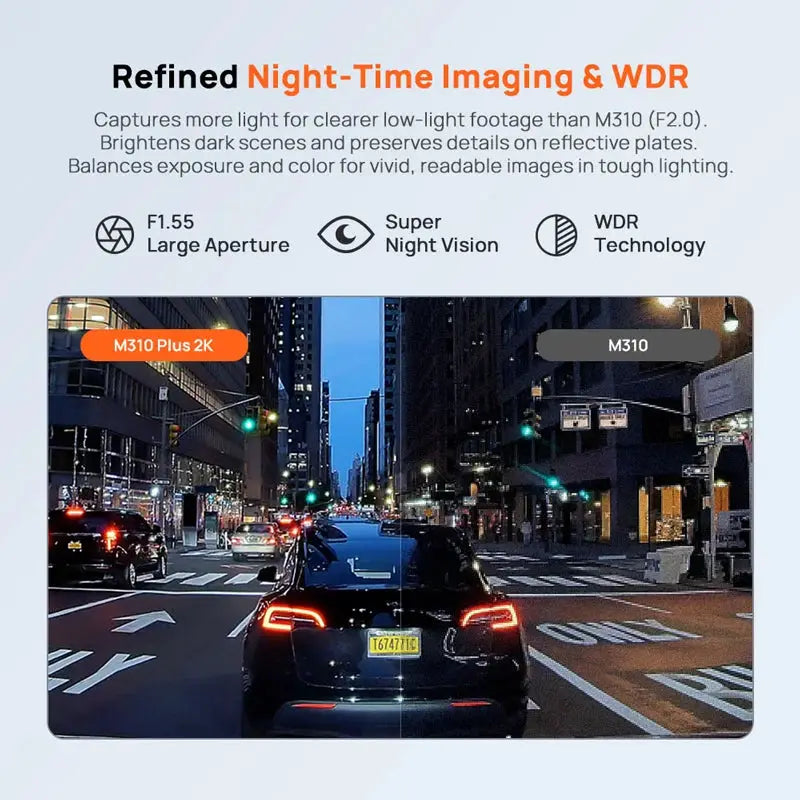 70mai M310 Plus 2K and M310 dash cams shown in a city-night split view with night vision