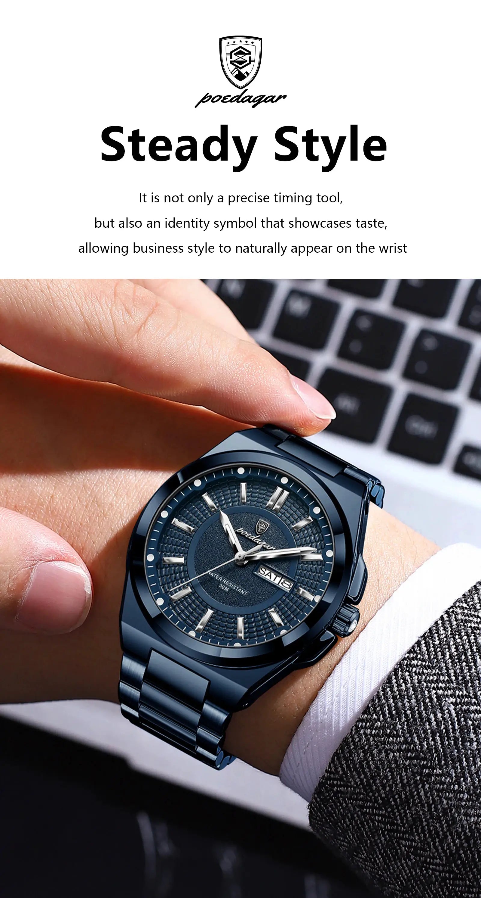 POEDAGAR sport men's stainless steel blue wristwatch with textured dial, date window and luminous hands