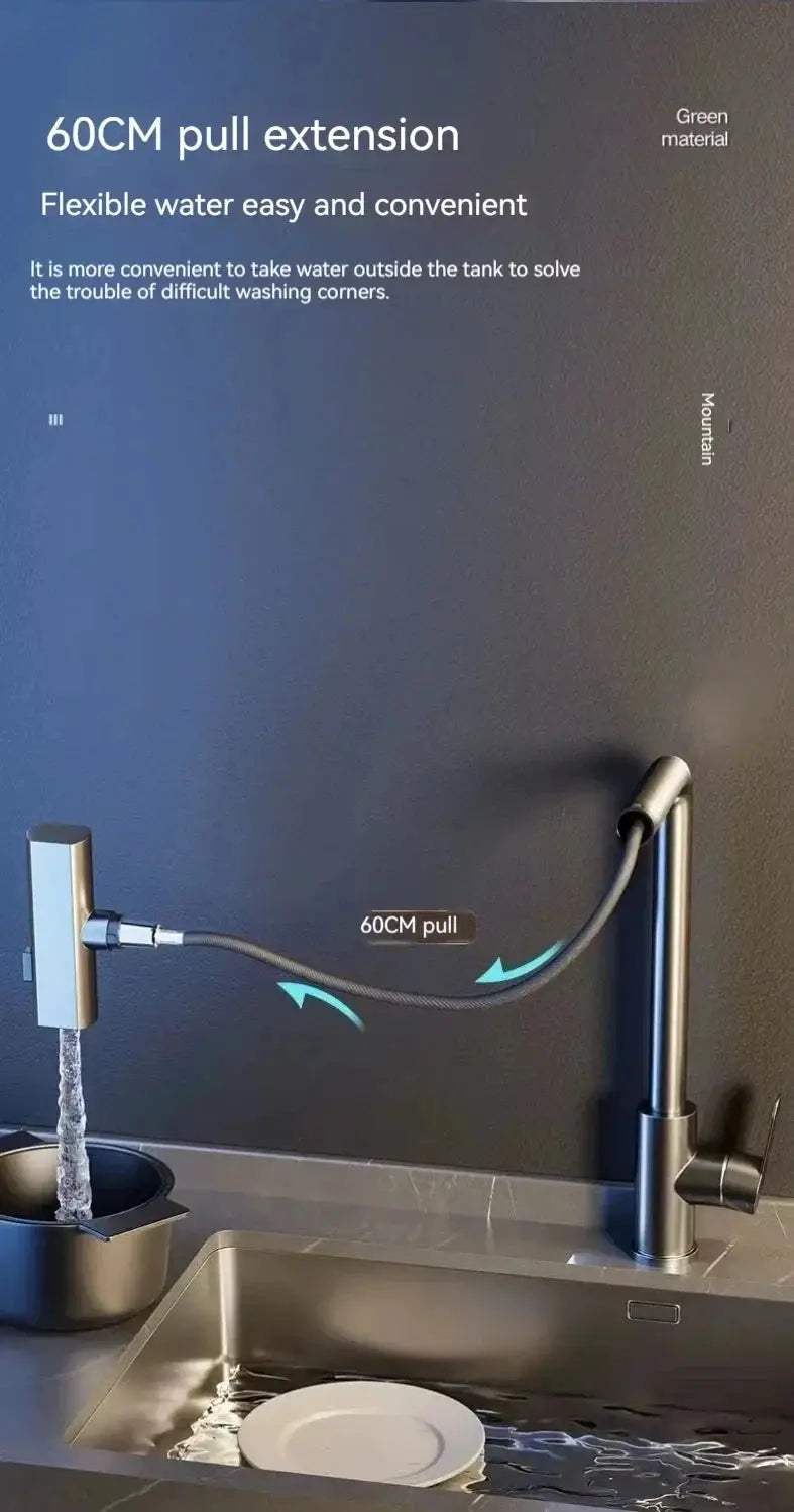 Simples Market grey 60cm pull-out kitchen faucet with flexible hose, deck-mounted.