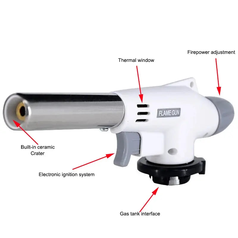 Simples Market flame gun torch burner, white handheld with stainless steel nozzle and gas tank interface