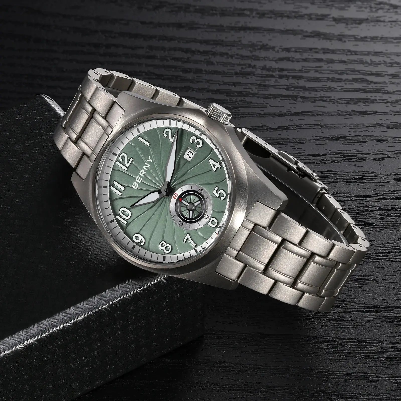 BERNY full titanium automatic men's watch with green dial, date window, luminous hands, stainless steel bracelet