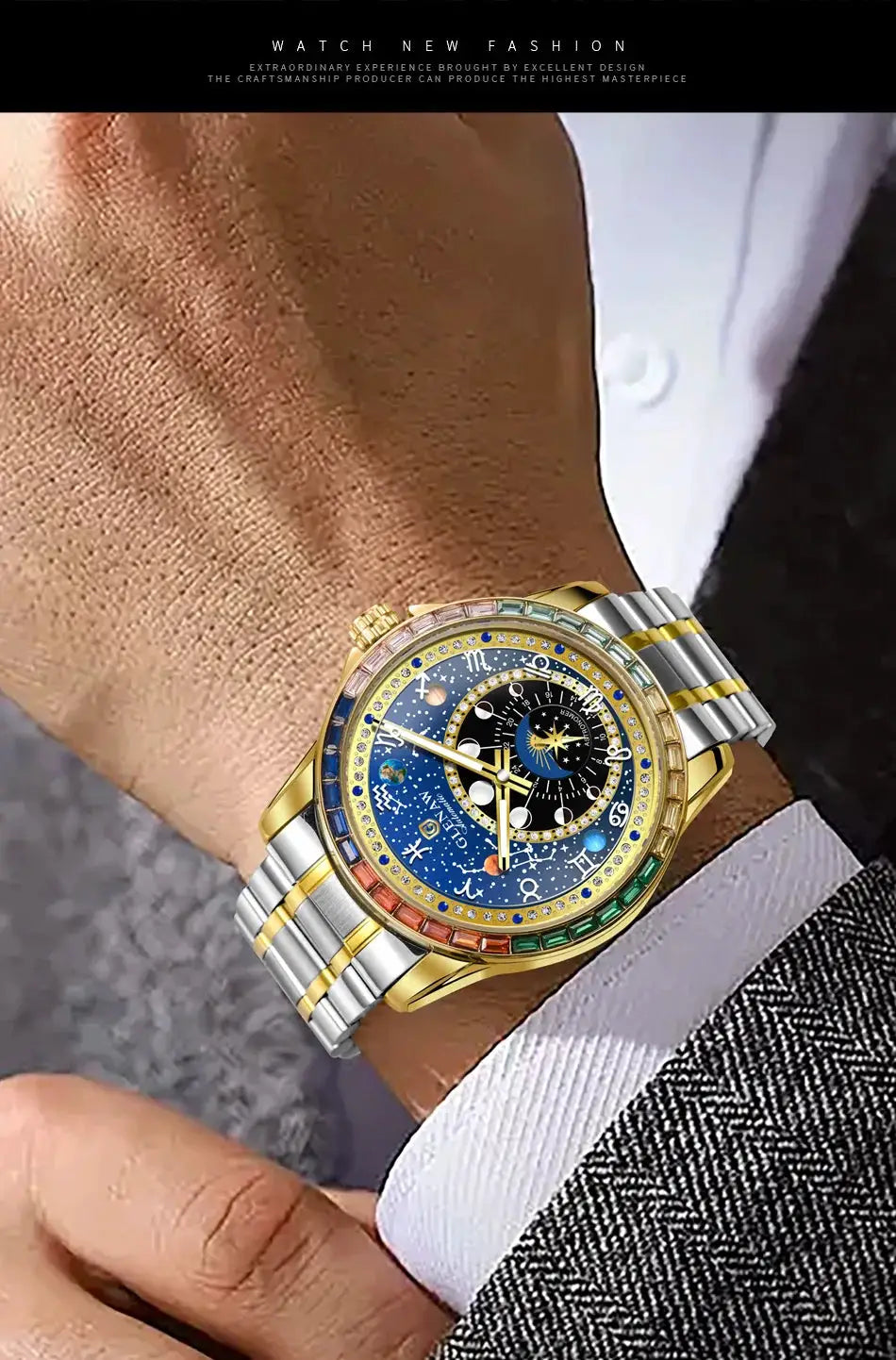 GLENAW Rainbow Circle mechanical watch for men; blue constellation dial, rainbow bezel, two-tone gold and silver bracelet