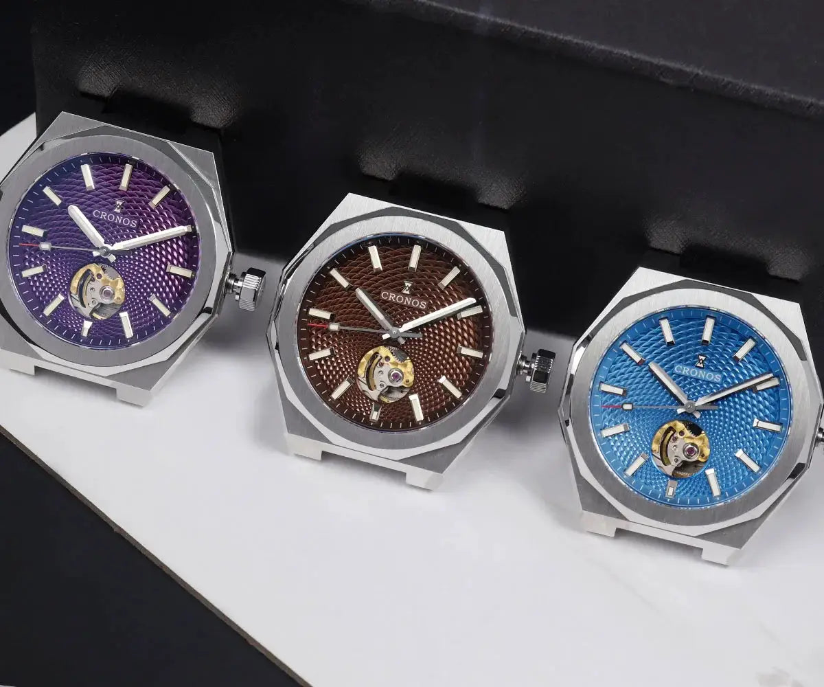 Cronos Rhombus Perlage 39mm skeleton dial watches set of 3 in purple, brown and blue with see-through casebacks.