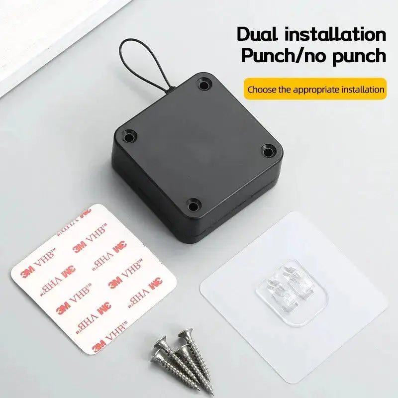 Automatic drawstring door closer, black compact unit with screws and 3M VHB pads included