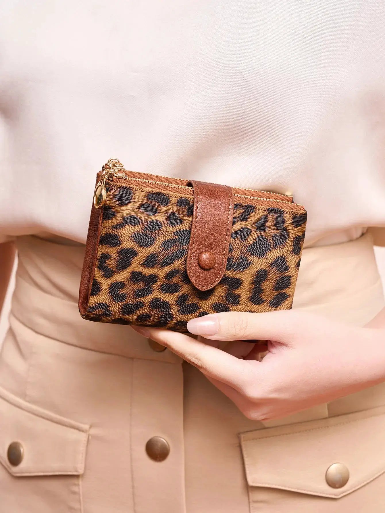 Simples Market leopard print mini wallet; faux leather, double zipper, snap strap, card holder