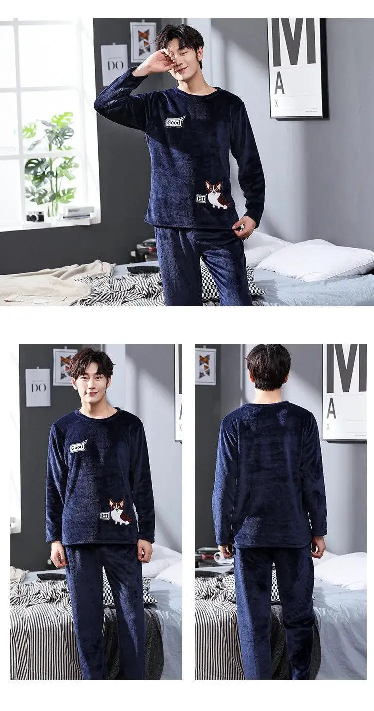 Autumn Winter New Coral Fleece Pajamas for Man Round Neck Long Sleeve Lounge Sets Man 2 Piece Fashion Printing Home Suit for Man