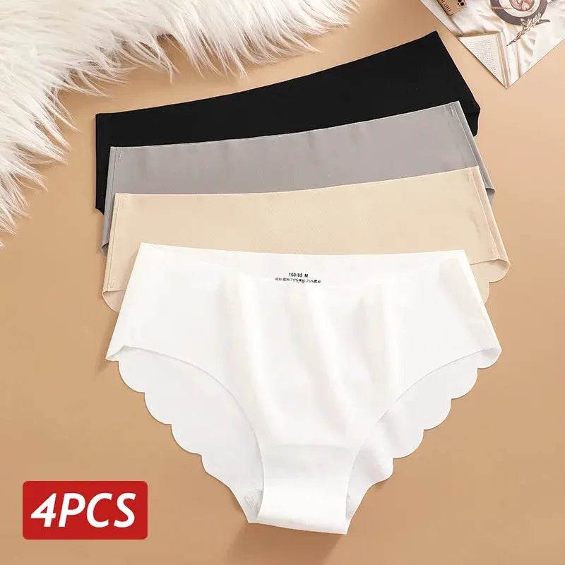 Ice silk seamless panties 4-piece set by Simples Market; solid colors with scalloped edges